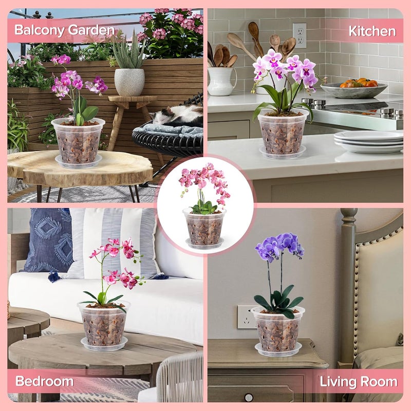 FUIJOL Orchid Pot, 6 Pack 5 Inch Clear Orchid Pots with Holes and Saucers for Repotting, Breathable Slotted Plastic Orchid Planters with Drainage for Root Health Indoor Outdoor (5 Inch) - Image 5